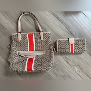 Coach Signature Stripe handbag/crossbody and matching wallet Orange